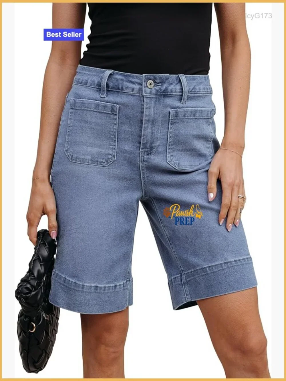 High Waisted Denim Bermuda Shorts Stretchy Patch Pocket Casual Vintage
